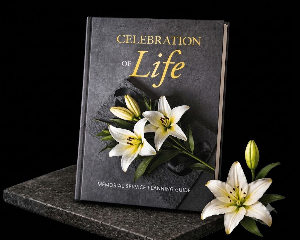 Celebration of Life memorial book with lilies
